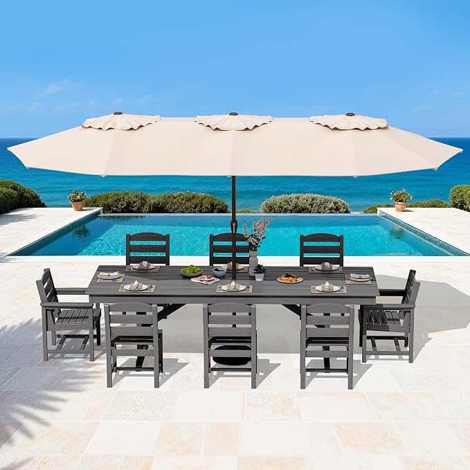 SERWALL 9 Piece Outdoor Dining Set, 84" HDPE Outdoor Table with 6 Armless Chairs and 2 Armchairs ，All Weather Patio Dining Furniture Set with Umbrella Hole for Backyard, Garden, Gray