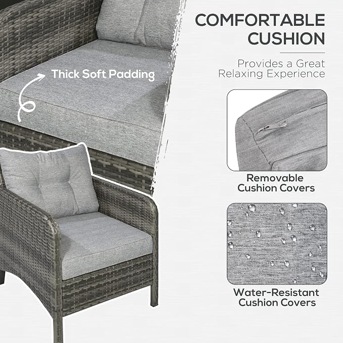 Outsunny 5 Pieces Rattan Wicker Lounge Chair Outdoor Patio Conversation Set with 2 Cushioned Chairs, 2 Ottomans and Tempered Glass Top Coffee Table, Gray/Light Gray