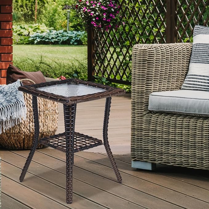 Outdoor Side Table with Storage Wicker Patio Side Table, Tempered Glass Top End Table for Balcony Porch Deck (Brown)