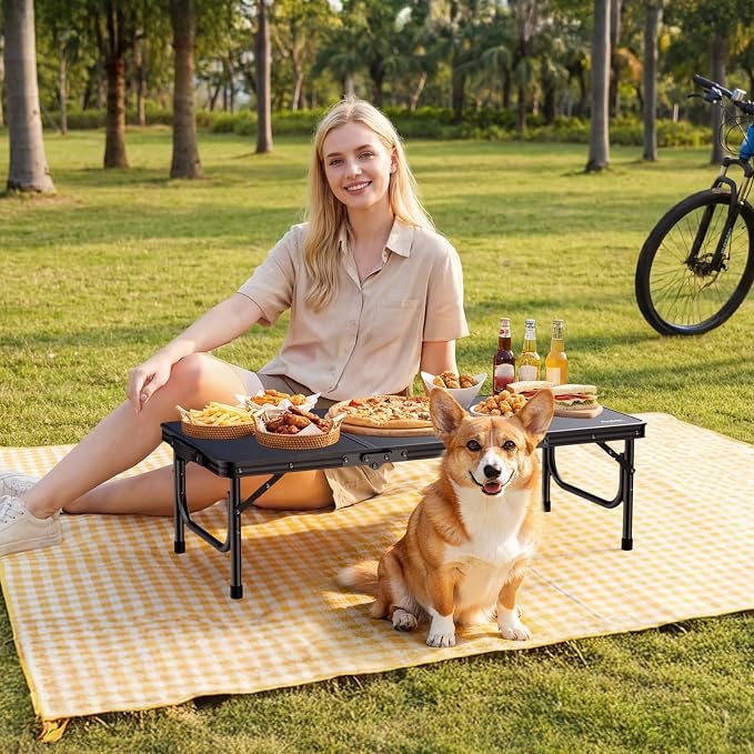 Anbte 34.2" x 15.7" Small Low Folding Picnic Table, 10.3" Height Thicker Aluminum Small Camping Table with Storage Bag, Portable Handle, Lightweight, for Camping Beach Party Picnic Floor, Black
