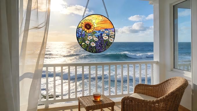 Stained Glass Window Hanging - Sunflowers, Daisies, Lavender and Sunset 6.3 Inches Suncatcher for Garden Home Decor for Women Mom Grandma Friends