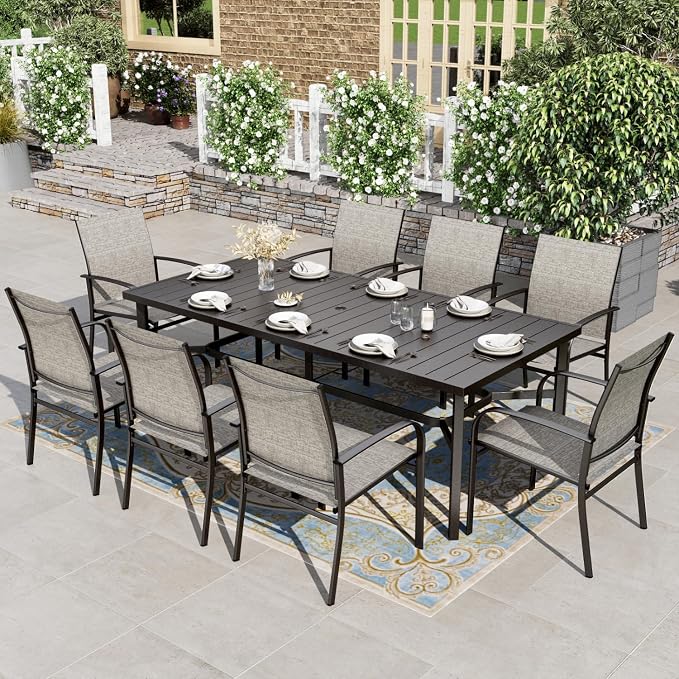 HERA'S HOUSE 9pc Outdoor Patio Dining Set for 8, Textilene Chairs, Brown | 83" Rectangular Metal Table with umbrella hole. Waterproof, rust-resistant, all-weather for backyard, porch