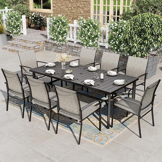 HERA'S HOUSE 9pc Outdoor Patio Dining Set for 8, Textilene Chairs, Brown | 83" Rectangular Metal Table with umbrella hole. Waterproof, rust-resistant, all-weather for backyard, porch