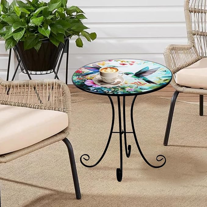 VEWOGARDEN Outdoor Side Table, 18" Weather Resistant Metal End Table with Hummingbird and Flower Design for Patio Porch Garden Balcony Yard