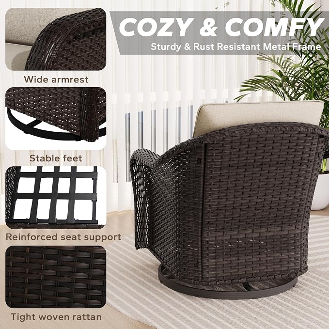 9 PCS Outdoor Conversation Set | 78" Couch, 2 Swivel Chairs, 2 Chairs, 4 Ottomans, Patio Wicker Conversation Furniture with Removable Cushions for Bistro, Deck, Sunroom (Beige)