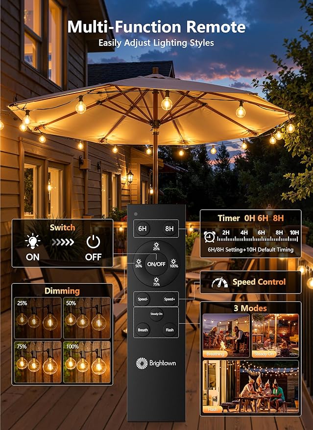 Brightown Outdoor String Lights, 100FT Shatterproof LED Patio Lights with 46 Dimmable Plastic G40 Bulbs, 2700K Waterproof Connectable Hanging String for Backyard, Cafe, Porch, Deck, Home Decor