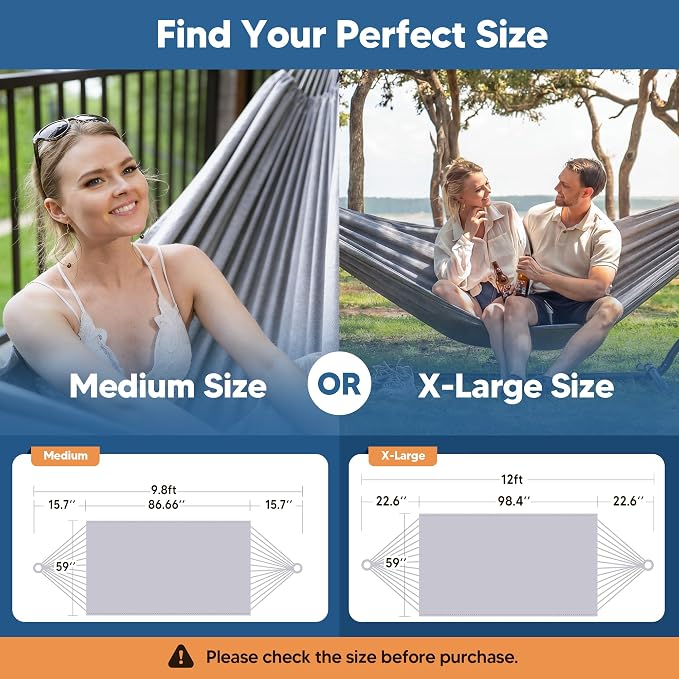 SUNCREAT Tree Hammocks for Outside, Double Hammocks 2 Person Heavy Duty for Trees, Light Gray