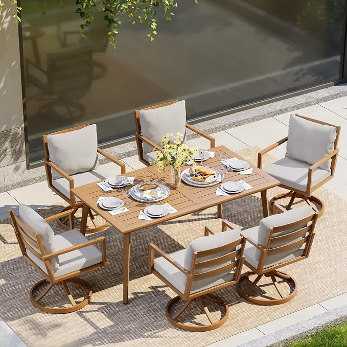 HAPPATIO Outdoor Dining Set, 7-Piece Patio Aluminum Dining Set with Wood-Like Hand-Painted Finish, 6 Swivel Rockers with Waterproof Cushions, Easy Assembly for Backyard, Garden, Porch, Grey Cushion