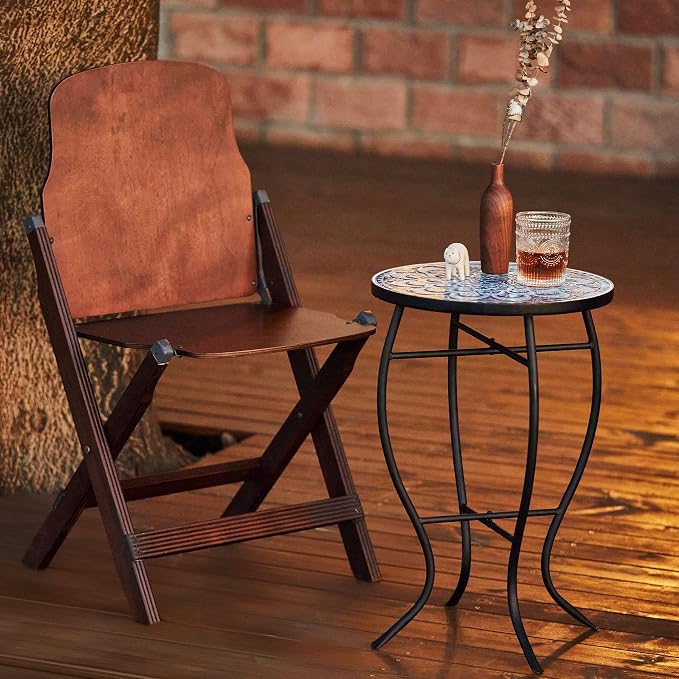 VONLUCE Mosaic Side Table and Plant Stand, 21" Round End Table with 14" Ceramic Tile Top, Indoor & Outdoor Accent Table, Porch Patio Furniture, Entryway & Coffee Table for Home & Garden, Blue Mandala