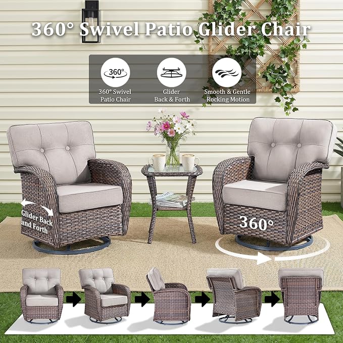 6 PCS Patio Furniture Set Outdoor Sectional Sofa Couch with Rocking Swivel Chairs 5" Deep Seat Chairs, Modern Wicker Rattan Conversation Set, Beige/Brown Wicker