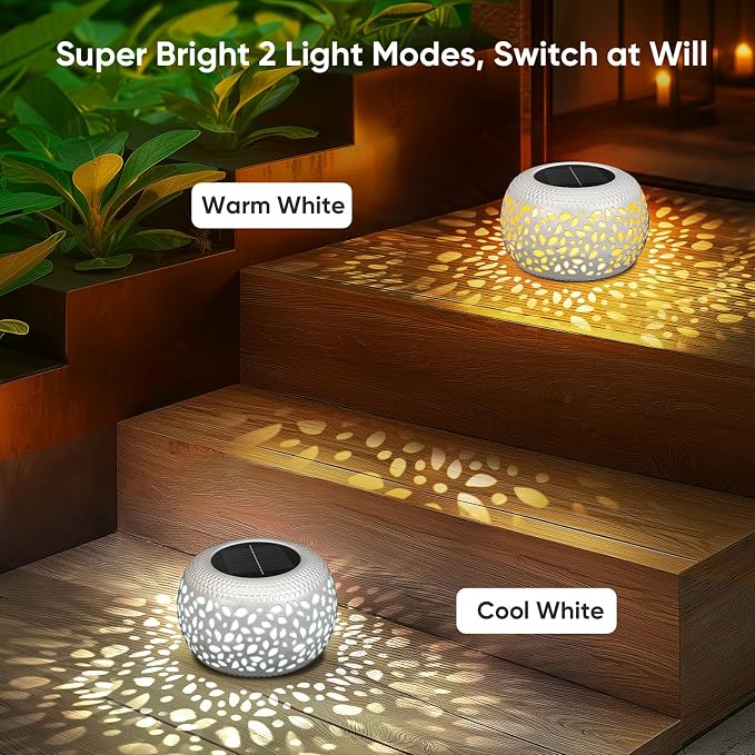 Solar Lanterns Outdoor Waterproof: 2 Pack White Hollow Out Metal Solar Lights - 2 Lighting Colors Outside Garden Yard Porch Indoor Tabletop Retro Decorations - Unique Gifts for Women Mom Wife