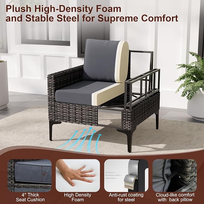 JOYURE 4-Piece Patio Furniture Set,Outdoor Wicker Patio Conversation Set with Tempered Glass Table,All-Weather Rattan Sectional Loveseat&Chairs with Thick Cushions for Garden,Deck,Backyard-Grey