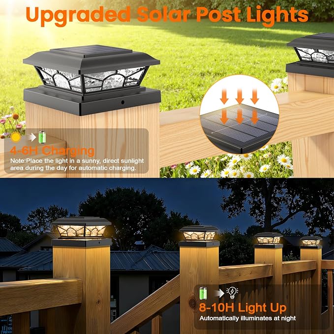 4x4 3.5x3.5 Solar Post Cap Lights 6-Pack Black | 2 Modes (Warm/Cool White), 16LEDs, for Wooden/Vinyl Posts, IP65 Waterproof, Outdoor, for Fence, Deck, Patio, Yard, Porch