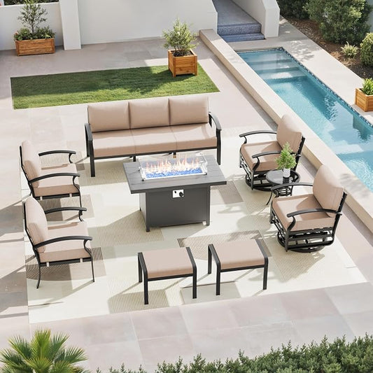 Aluminum Patio Furniture Set with Fire Pit Table, 9 Seats Outdoor Patio Conversation Sets with Swivel Chair Modern Metal Sectional Sofa with Upgrade Cushions for Patio, Backyard - Sand