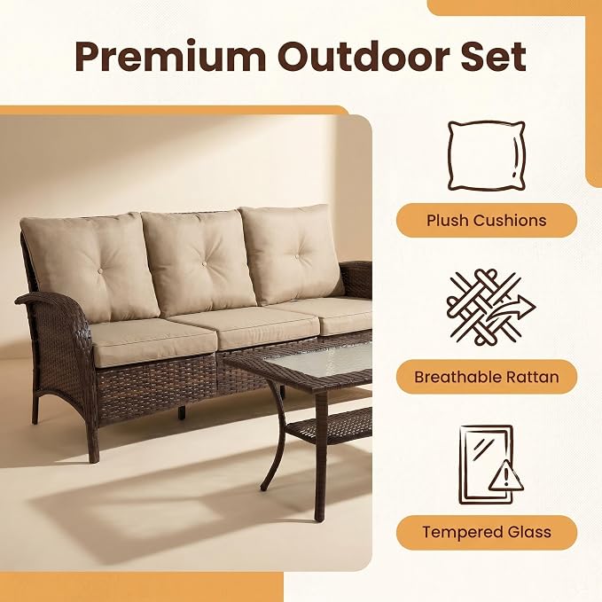 YLGJ&TIDY Outdoor Furniture 2PCS Set All-Weather Brown Wicker Patio Conversation Set 3 Seater Rattan Sofa Glass Coffee Table for Garden Backyard Porch Balcony w/Thick Cushions (Khaki,2PCS Sofa/Table)