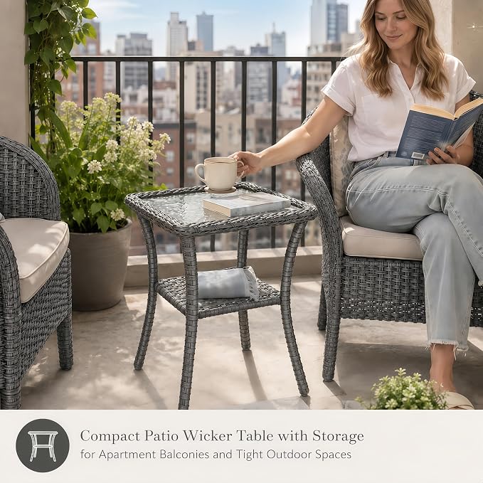 HUMMUH 20-Inch Wicker Patio Side Table with Tempered Glass Top, Grey | Powder-coated aluminum frame, PE rattan, lower storage shelf, 66 lbs capacity, 20x20x22 inches, hardware included