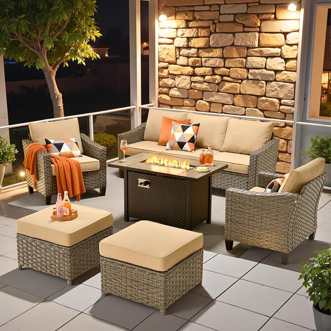 CAODOC Wicker Patio Furniture Set,7 Pieces Modern Outdoor Conversation Set Sectional Sofa with Cushion and Ottomans for Garden, Poolside, Backyard