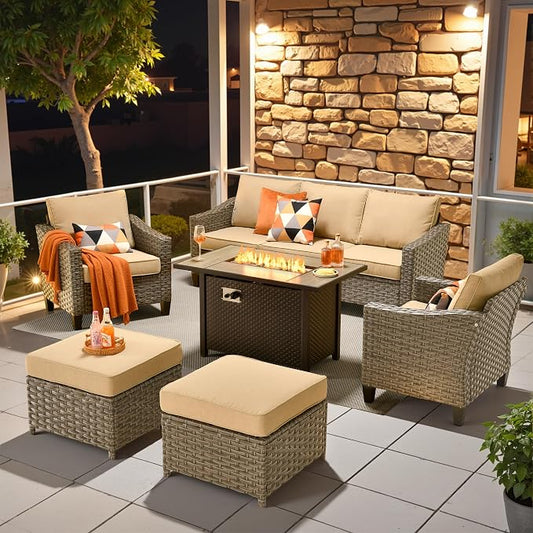 CAODOC Wicker Patio Furniture Set,7 Pieces Modern Outdoor Conversation Set Sectional Sofa with Cushion and Ottomans for Garden, Poolside, Backyard