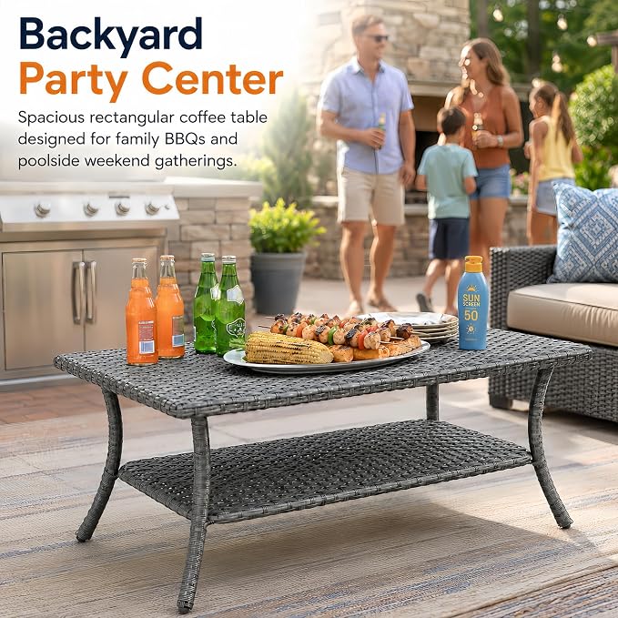 HUMMUH 42-inch 2-Tier Outdoor Patio Coffee Table, Grey PE Rattan Center Table with Powder-Coated Metal Frame for Garden, Backyard, Porch Storage