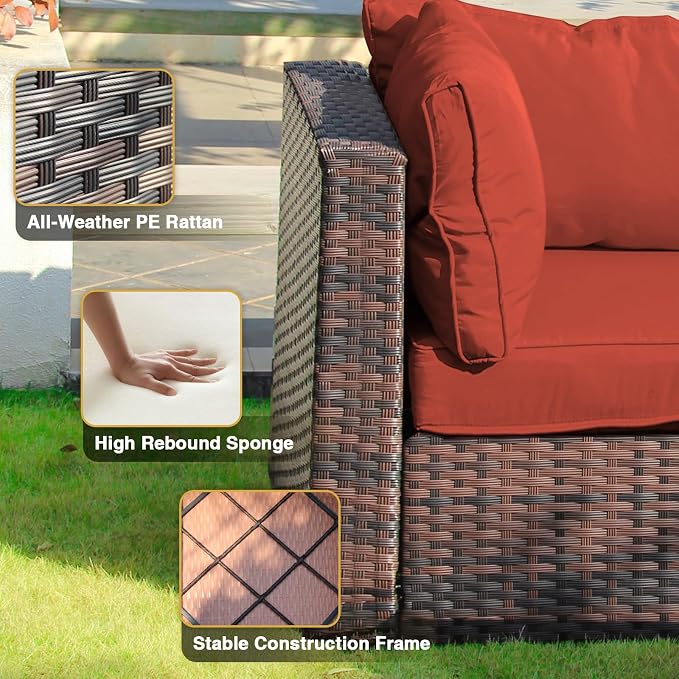 Patio Furniture Set 5 Pieces with 44" Fire Pit Table, Rattan Outdoor Sectional Conversation Sets, All Weather Outdoor Furniture Set with Cushions for Garden Lawn Balcony Porch Deck Red