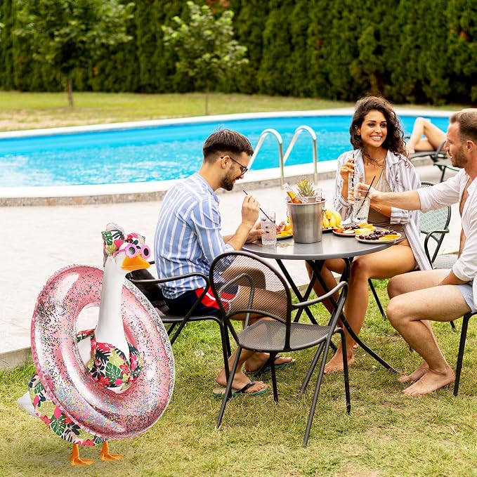 FuWeave Bikini Porch Goose Outfits with Sunglasses and Swimming Tube for 23" Hawaiian Flower Summer Goose Costume Garden Patio Statue Decor