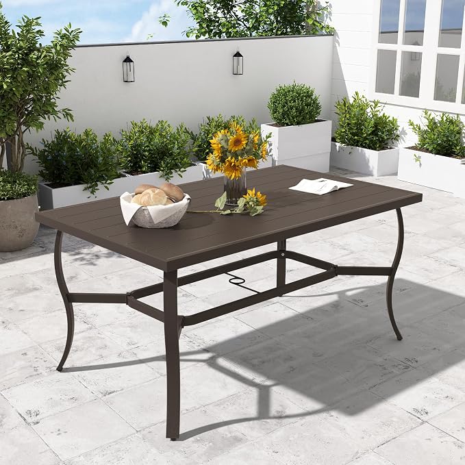6-Person Outdoor Dining Table, Aluminum Rectangle Outdoor Dining Table with 2.2" Umbrella Hole, Rustproof Aluminum Patio Dining Table for 6, All-Weather for Garden Yard Poolside, Dark Brown