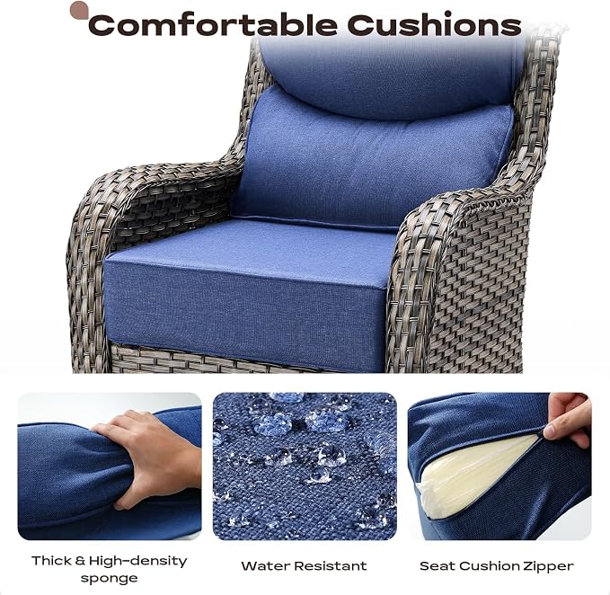Rilyson Outdoor Patio Furniture Set - Weather Resistant Wicker,High Back,6 inch Cushions,3 Piece Patio Bistro Set with Swivel Rocker Chairs and Side Table for Deck Porch Yard,Mixed Grey/Blue