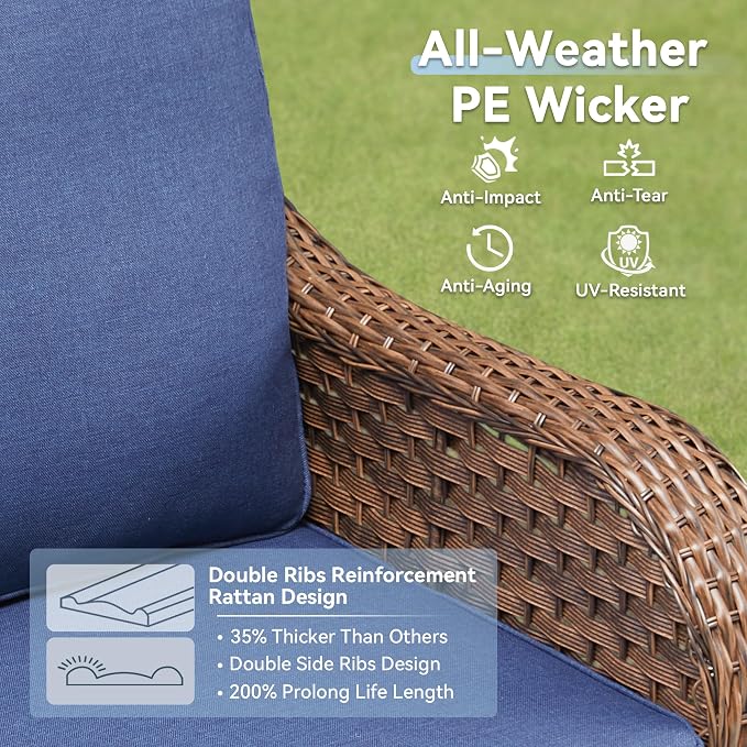 6 PCS Patio Furniture Set, Outdoor Wicker Loveseat & 2 Swivel Rocking Chairs with 2 Ottomans & Side Table, 4-Inch Thick Olefin Cushions, 300 lbs Capacity Rattan Conversation Set for Porch, Blue