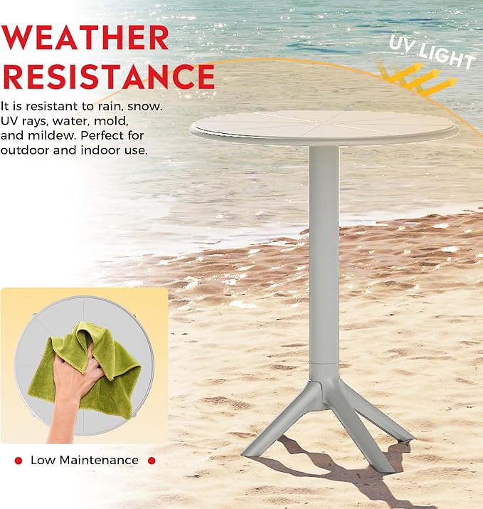 Costaelm Patio Table for 4-Person, Outdoor Patio PP Round Dining Table, All-Weather Bistro Dining Table for Backyard Deck Porch Poolside, Gray