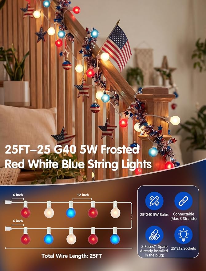 SUNSGNE 25FT G40 Red White and Blue String Lights Outdoor, Frosted Globe 4th of July Lights, Waterproof Connectable Patriotic Light for July 4th Independence Day, Memorial Day