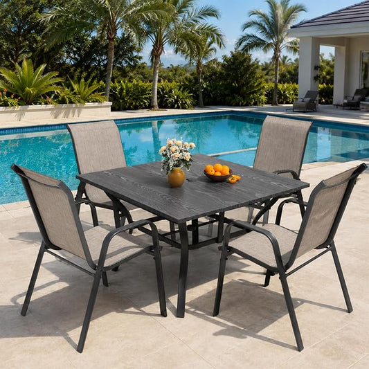 5 Piece Patio Dining Set, Stackable Outdoor Chairs Set of 4 with Textilene Fabric, 37.8" Wood-Grain Square Table with Umbrella Hole for Backyard Lawn Party (1 Table + 4 Chairs) (Brown)