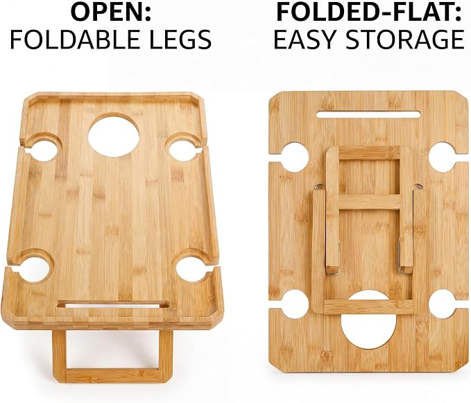 Kingrol Bamboo Picnic Wine Table, Foldable Outdoor Snack Table with Bottle Holder, 4 Glass Slots and Knife Slot, 16.1 x 12.5 x 6 in
