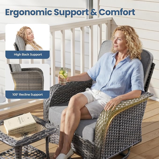 8 Piece Wicker Patio Furniture Set with Swivel Chairs, Dark Gray | 4 Swivel Rocker Chairs, High Back Loveseat Sofa, Coffee Table, Rattan Outdoor Conversation Set, Porch Deck Backyard Poolside