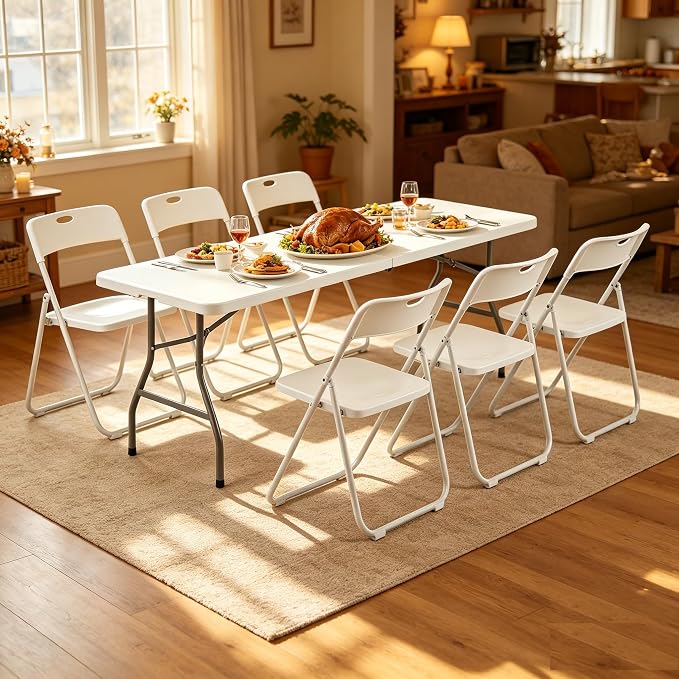 8 FT Plastic White Folding Banquet Table Chairs Set, Outdoor Portable Foldable Table Chairs for Picnic, Game, Camping, Dining, Wedding, Craft, Commercial Event Use
