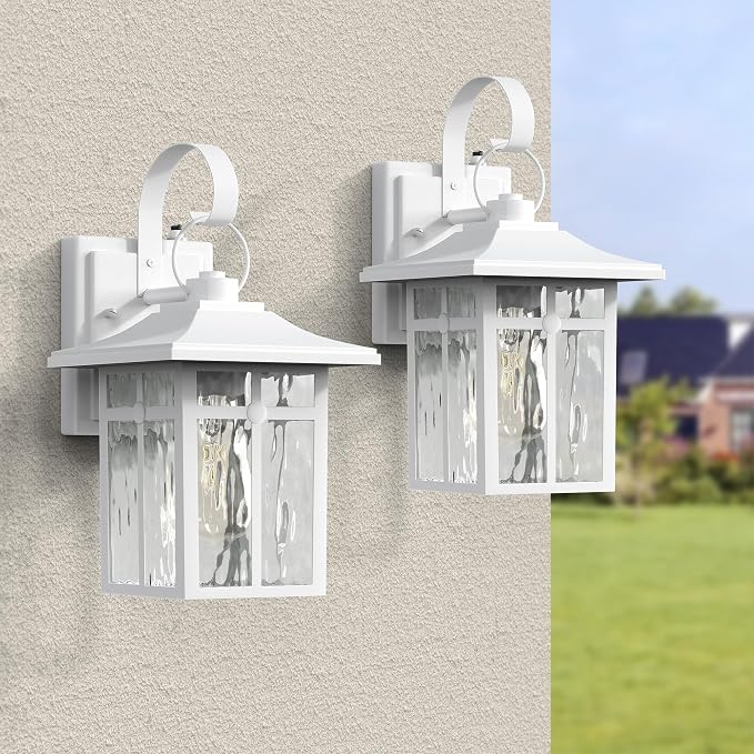 Dusk to Dawn Outdoor Wall Lights, Aluminum, White, 2 Pack | Ripple Glass, Modern Porch Lights, Exterior Sconce, For Entryway, Garage, Patio