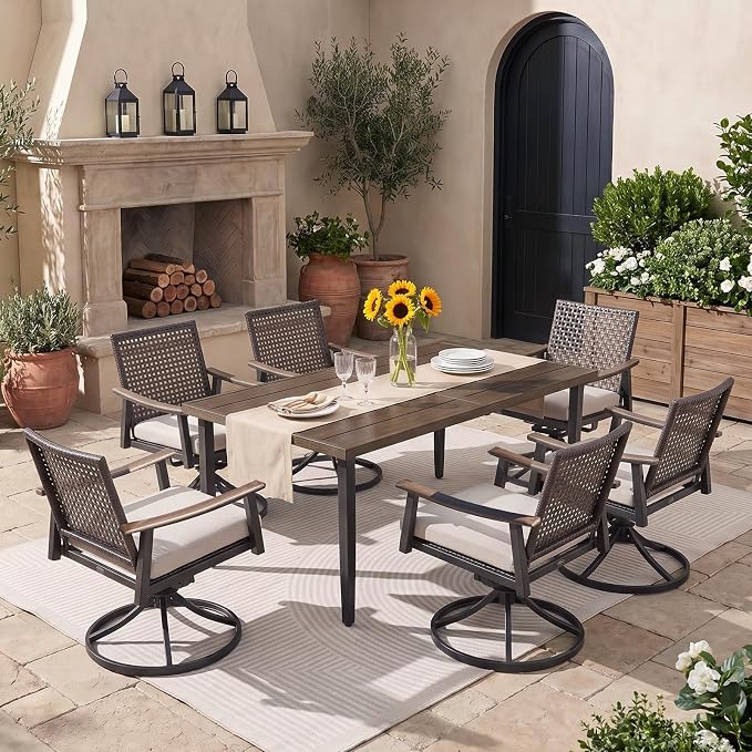 NATURAL EXPRESSIONS 7 Piece Patio Dining Set for 6 Outdoor Furniture Set,6 Pcs Outdoor Rattan Wicker Swivel Chairs with Woodgrain Armrest, 65" Large Dining Table with 1.65'' Umbrella Hole for Garden