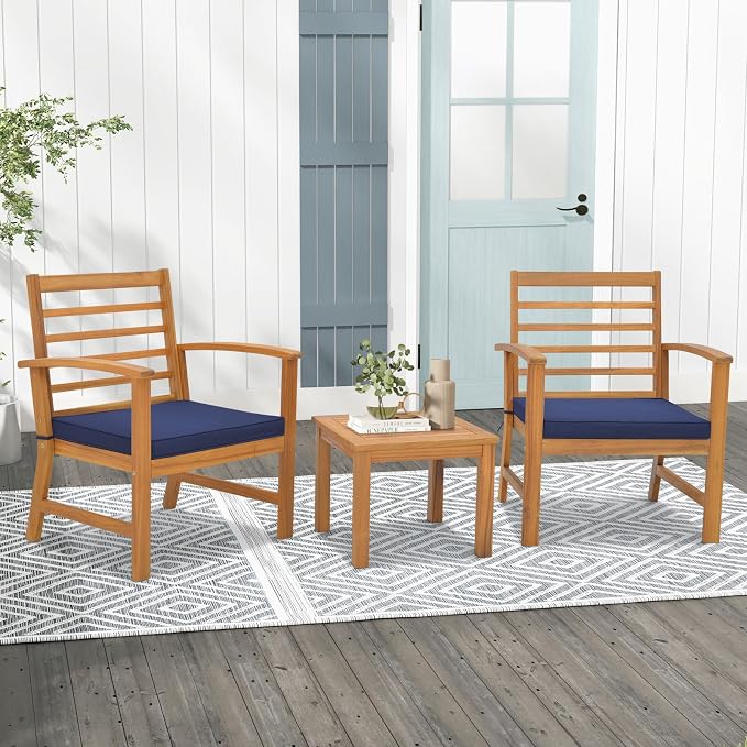 Tangkula 3 Pieces Outdoor Furniture Set, Acacia Wood Conversation Set with Soft Seat Cushions, Stable Acacia Wood Frame, Patio Sofa & Coffee Table Set for Backyard, Porch, Poolside (Navy)