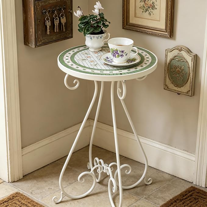 Outdoor Side Table & Mosaic Ceramic Plant Stand, 14" Metal Round End Table for Garden Home Patio Yard Porch Patio Decor Weather Resistant Outside Accent End Furniture (Flower#4)