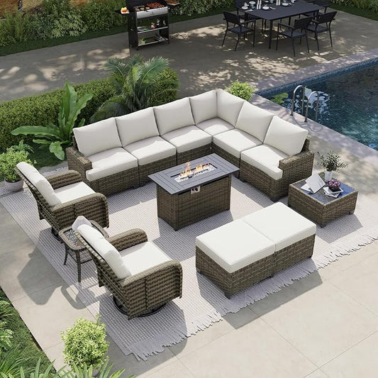 LET'S PATIO Luxury Patio Furniture Set with Fire Pit Table, 13 Piece Outdoor Furniture Set with Swivel Rocker Chairs & Ottomans, All-Weather Patio Sectional Sofas with Thickened Cushions, Beige