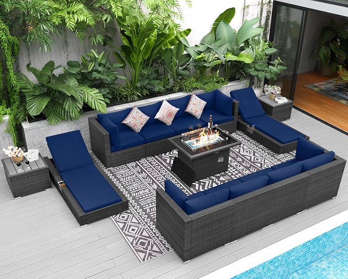 NICESOUL 13 Piece Outdoor Seating with Fire Pit Table, High-End Wicker Patio Furniture Set with Chaise Lounge, Comfy 29.3'' High Back Deep Sectional Sofa, All-Weather Backyard Sitting, Grey & Blue