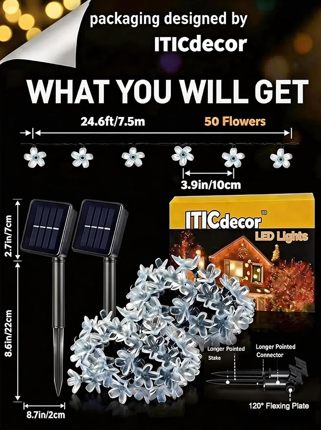 ITICdecor 2 Pack 50 LED Solar String Lights Outdoor Waterproof Flower Solar Lights for Garden Yard Fence Patio Christmas Tree Wedding Party Decor(Warm White)
