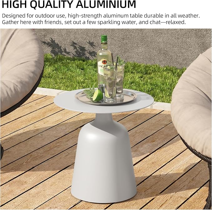 19.5" Round Pedestal Side Table, Stable Bell Base Modern Minimalist End Table, Small Coffee Accent Table for Living Room Bedroom Patio Balcony Indoor Outdoor, White