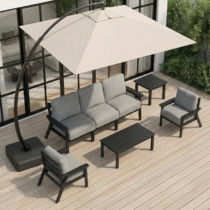 HDPE Patio Furniture Set 5 Seats with Cantilever Umbrella, Outdoor Couch with Washable Thick Gray Cushions & Tables, Outdoor Sectional Furniture for Deck, Lawn, Porch (Black Frame)