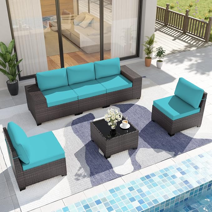 Kurapika 6 Pieces Patio Furniture Set, Rattan Wicker Outdoor Conversation Sets w/4 Inch Cushion and Glass Coffee Table(Blue)