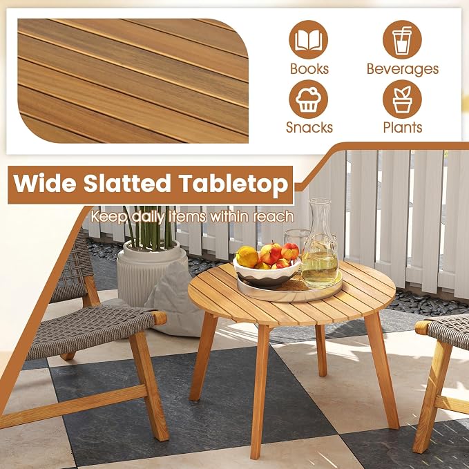 HAPPYGRILL Acacia Wood Patio Bistro Side Table, Outdoor Round End Table with Slatted Tabletop, for Backyard Poolside Garden, 24.5 Inch (2)