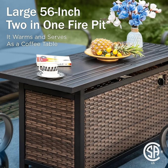 PHI VILLA Patio Furniture Set with 56" Fire Pit Table, Metal Frame Outdoor Conversation Sets, Wicker Patio Sectional Swivel Chairs with Ottomans for Porch, Deck, Poolside(6 Pieces, Navy)
