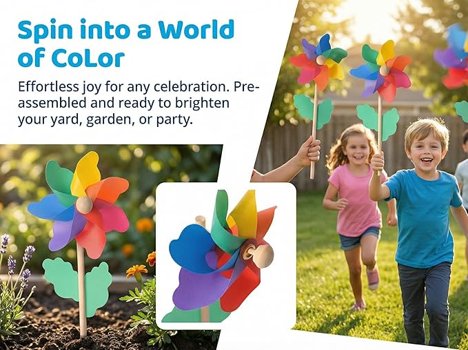 Jucoan 20 Pack Rainbow Pinwheels for Yard and Garden, Colorful Flower Pinwheels Toy for Kids, Plastic Wind Spinners for Outdoor Birthday Party Decor, No Assembly Required