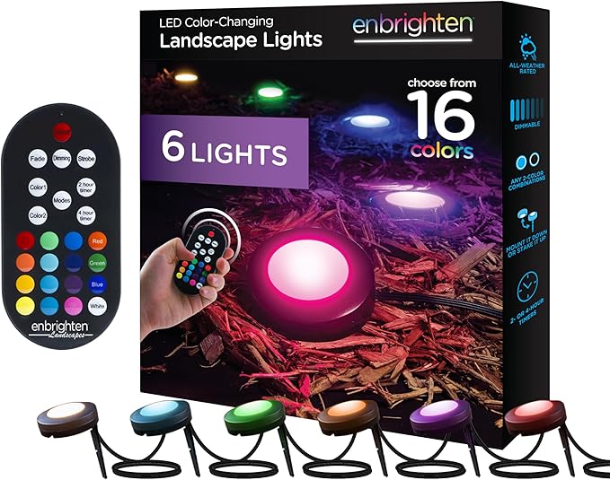 Enbrighten Landscape Lighting, 40ft, 6 Lights, Remote Control | Color Changing LEDs, Waterproof, Plastic Stakes, 8ft Spacing for Flexible Install, All-in-One Garden & Path Lighting Kit