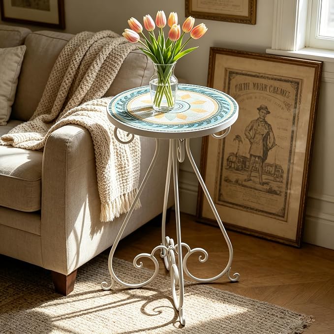 Outdoor Side Table & Mosaic Ceramic Plant Stand, 14" Metal Round End Table for Garden Home Patio Yard Porch Patio Decor Weather Resistant Outside Accent End Furniture (Flower#3)