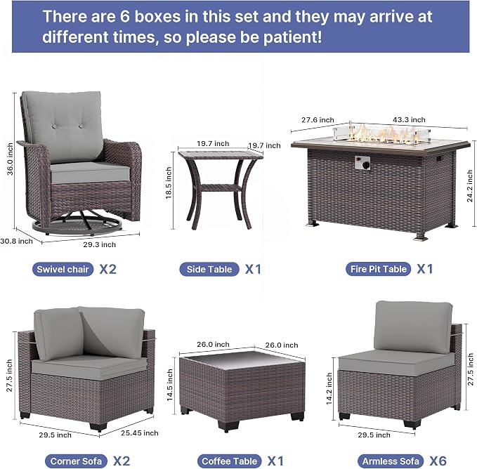 Gotland 13 Pieces Patio Furniture Set with Fire Pit Table Swivel Chairs, PE Rattan Outdoor Furniture Set with 29.5'' High Backrest 4’’ Thick Cushions Coffee Table, Patio Set for Porch, Deck, Grey